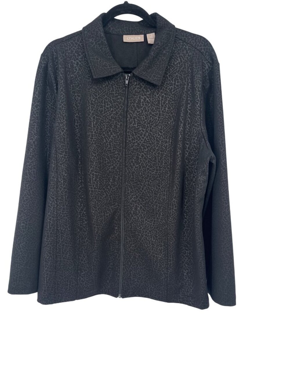 Chicos 3 Womens Black Zip-Up Long Sleeve Jacket Size XL animal print knit